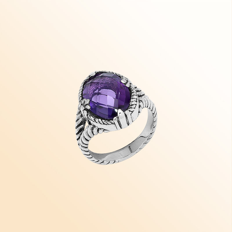 Handcrafted Sterling Silver Amethyst Quartz Royal Twilight Rope Elegance Ring With Balinese Detailing.