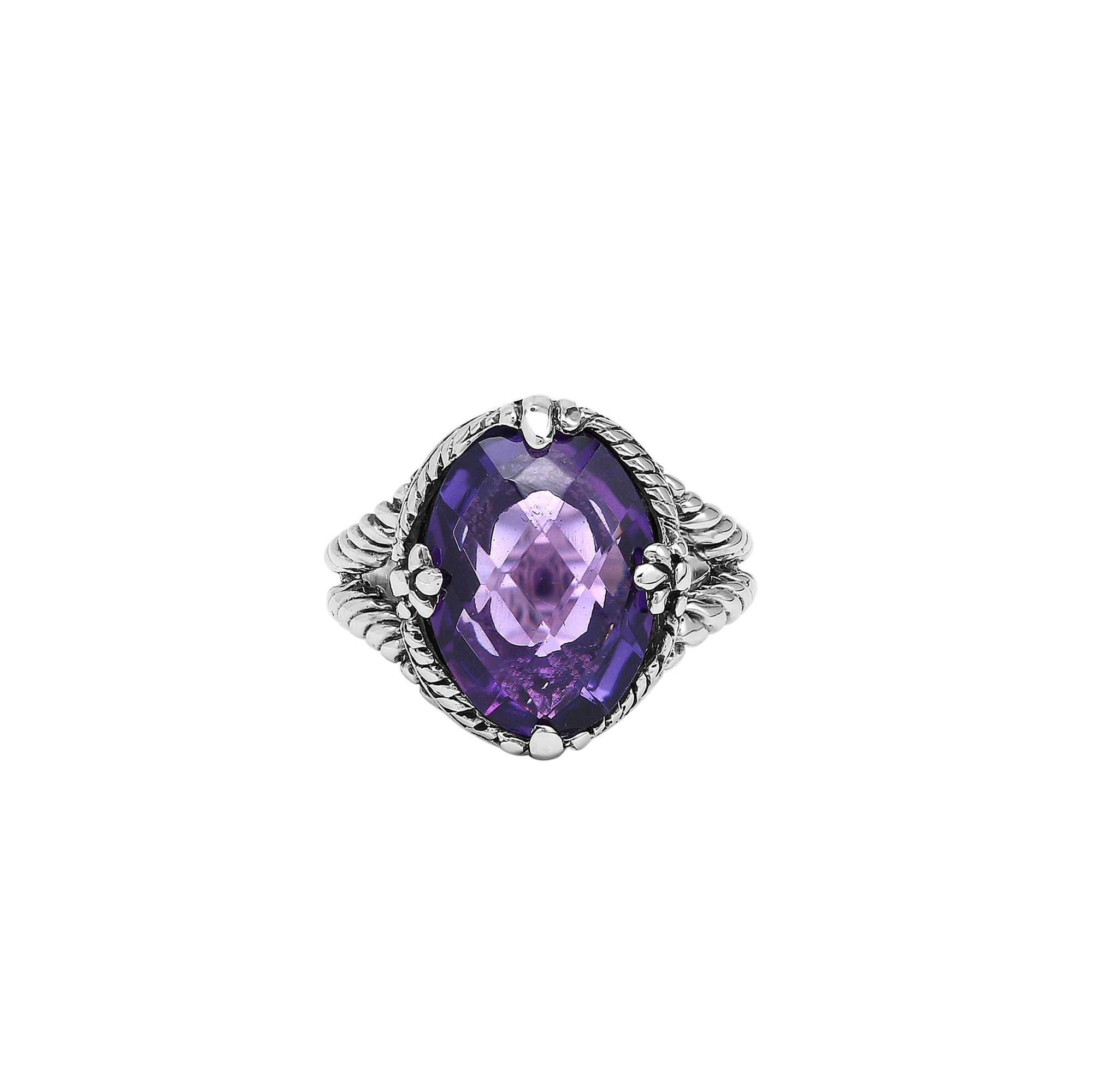 Handcrafted Sterling Silver Amethyst Quartz Royal Twilight Rope Elegance Ring With Balinese Detailing.