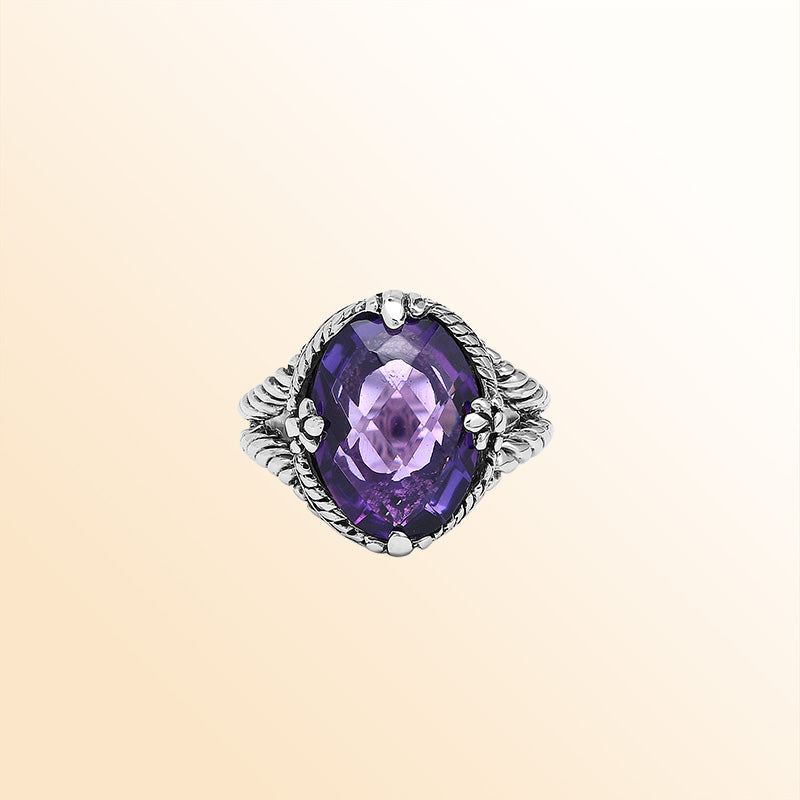 Handcrafted Sterling Silver Amethyst Quartz Royal Twilight Rope Elegance Ring With Balinese Detailing.