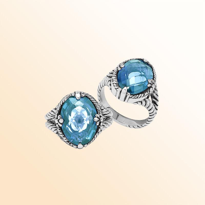 Handcrafted Sterling Silver Blue Topaz Quartz Ocean Glow Rope Elegance Ring With Balinese Detailing.
