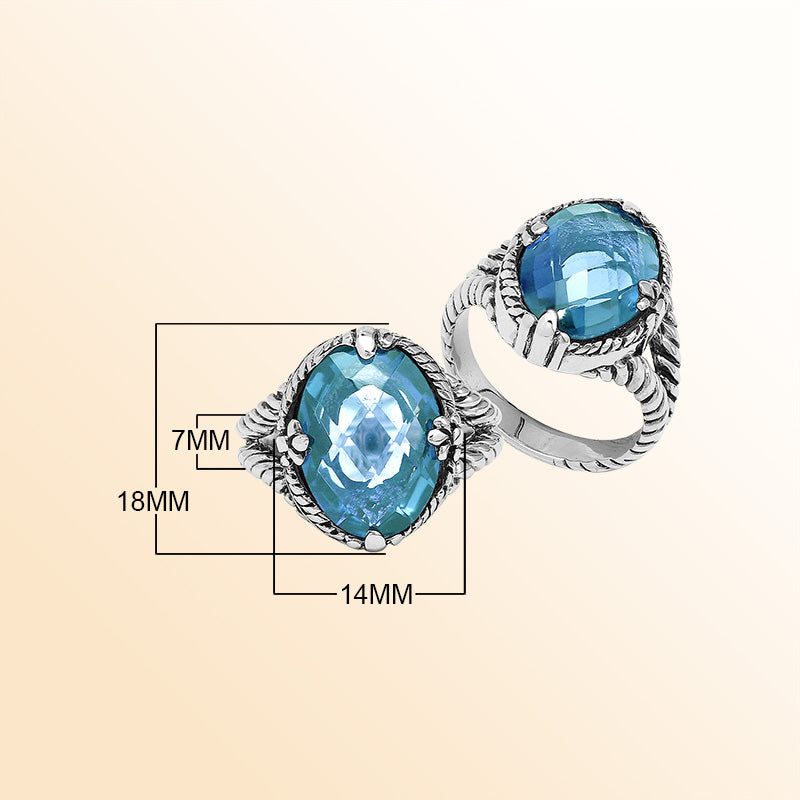 Handcrafted Sterling Silver Blue Topaz Quartz Ocean Glow Rope Elegance Ring With Balinese Detailing.