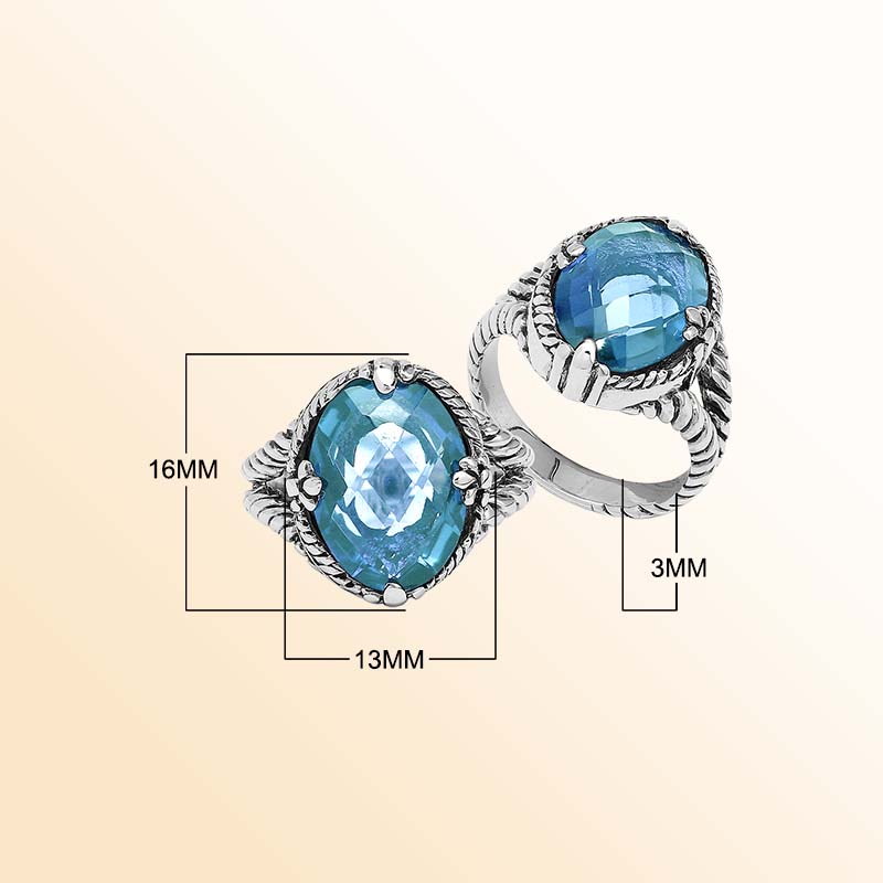 Handcrafted Sterling Silver Blue Topaz Quartz Ocean Glow Rope Elegance Ring With Balinese Detailing.