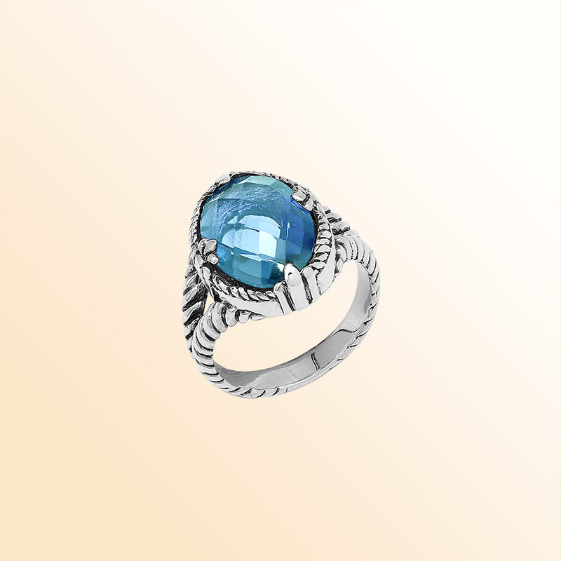 Handcrafted Sterling Silver Blue Topaz Quartz Ocean Glow Rope Elegance Ring With Balinese Detailing.
