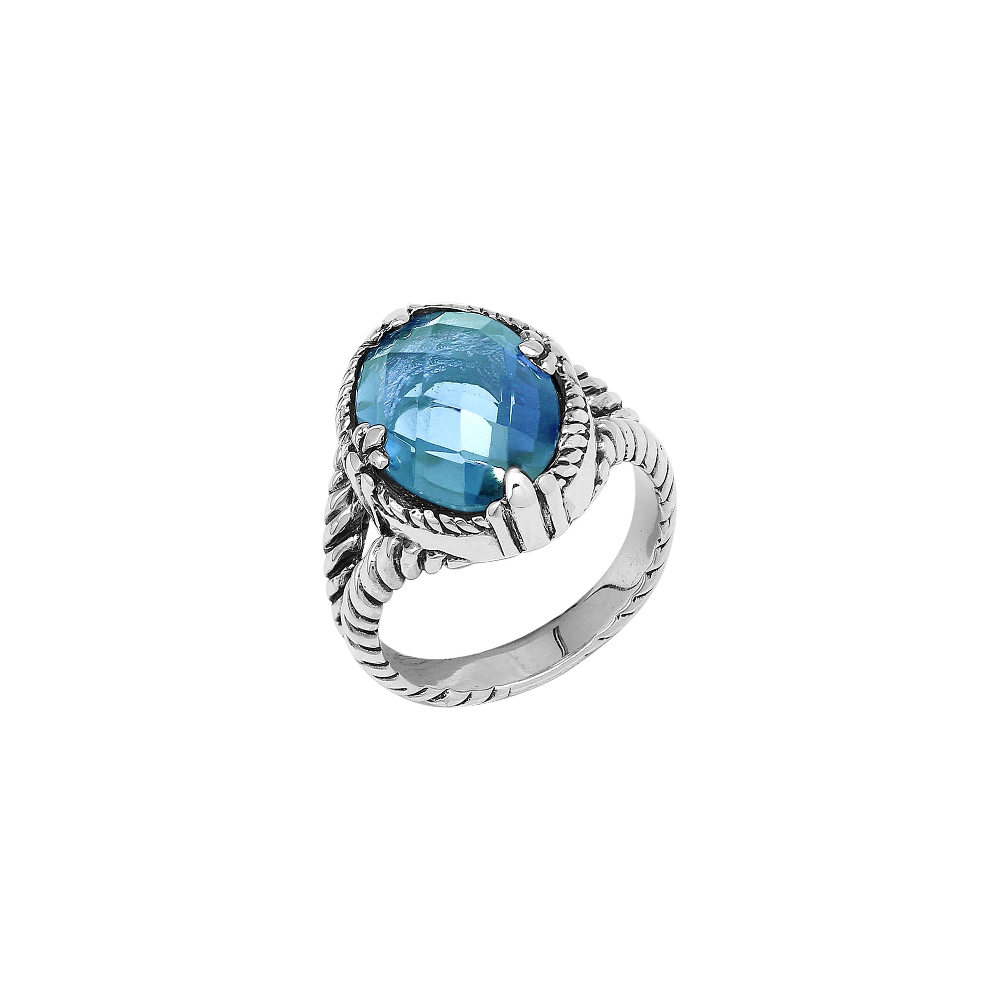 Handcrafted Sterling Silver Blue Topaz Quartz Ocean Glow Rope Elegance Ring With Balinese Detailing.
