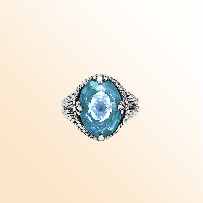 Handcrafted Sterling Silver Blue Topaz Quartz Ocean Glow Rope Elegance Ring With Balinese Detailing.