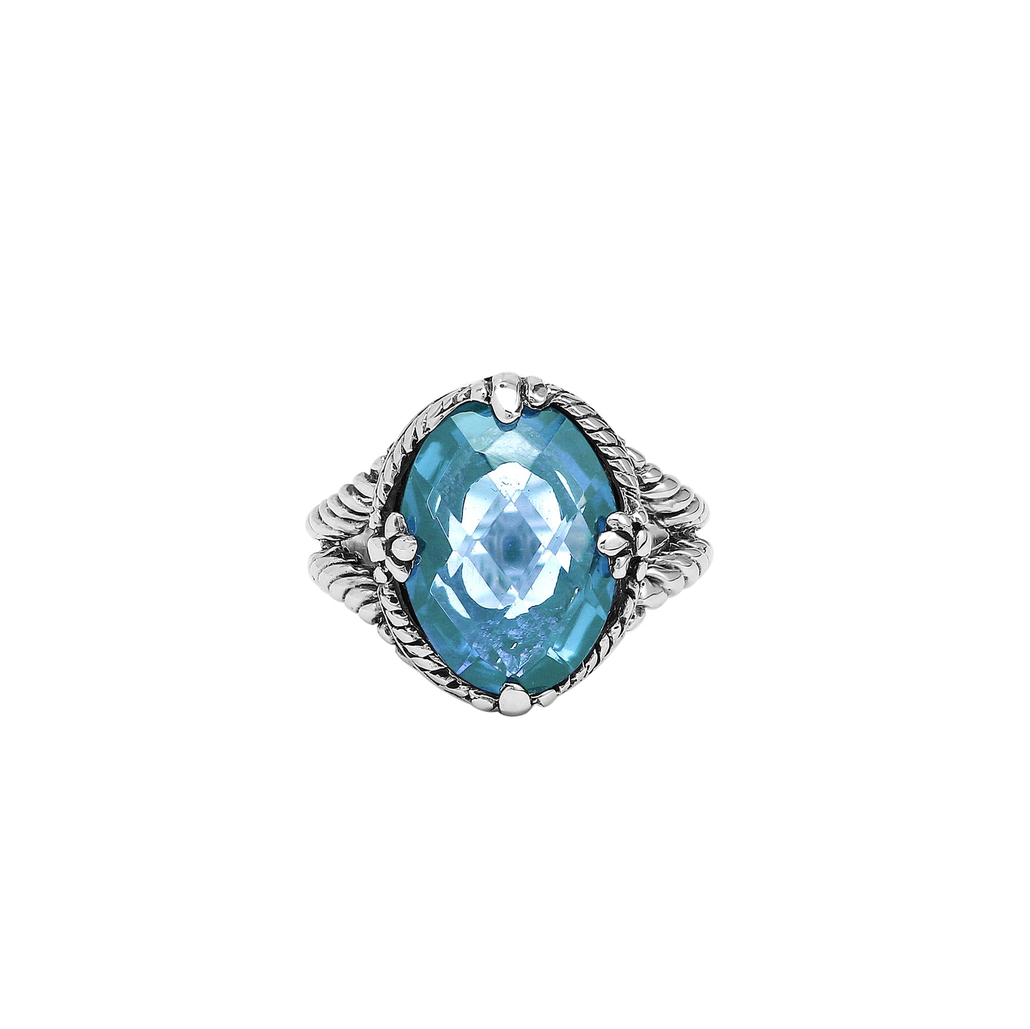 Handcrafted Sterling Silver Blue Topaz Quartz Ocean Glow Rope Elegance Ring With Balinese Detailing.