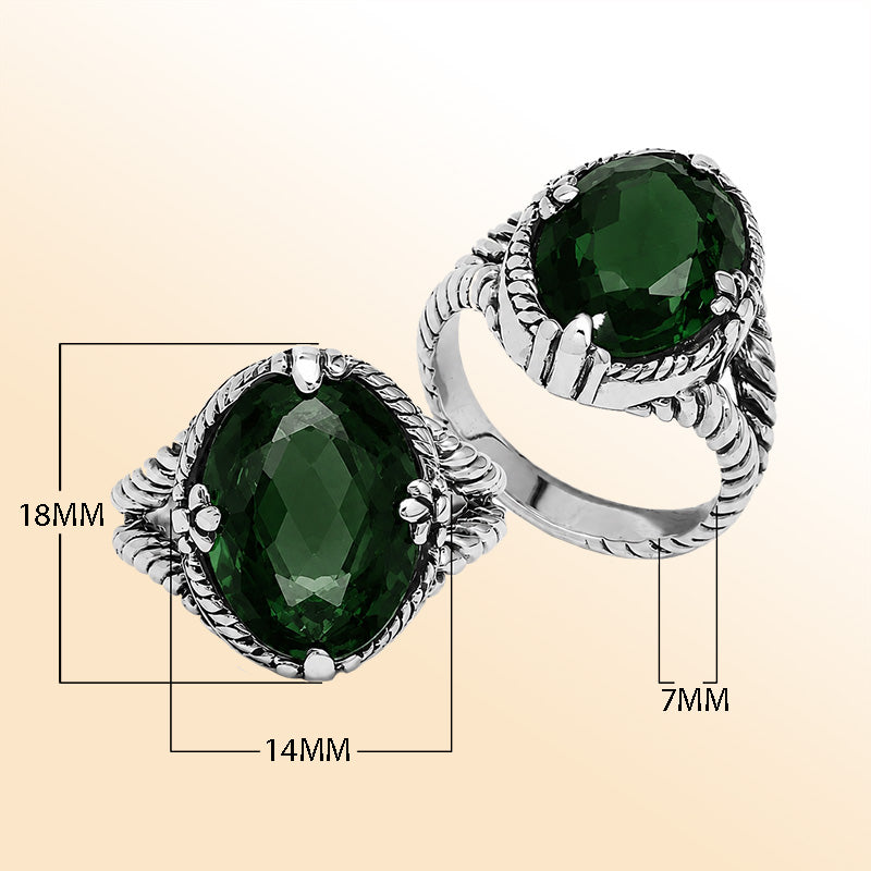 Vintage sterling silver Green Quartz oval-cut cocktail ring with handcrafted Balinese detailing