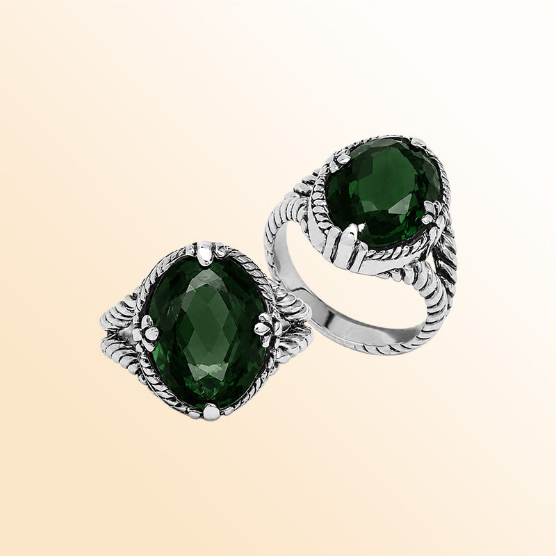 Vintage sterling silver Green Quartz oval-cut cocktail ring with handcrafted Balinese detailing