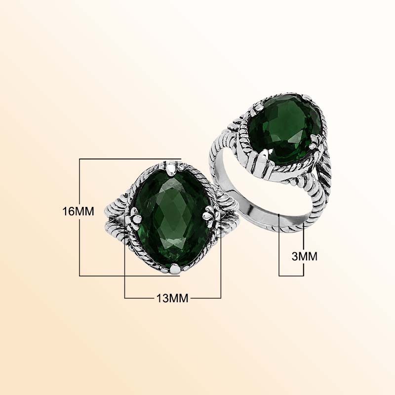 Vintage sterling silver Green Quartz oval-cut cocktail ring with handcrafted Balinese detailing