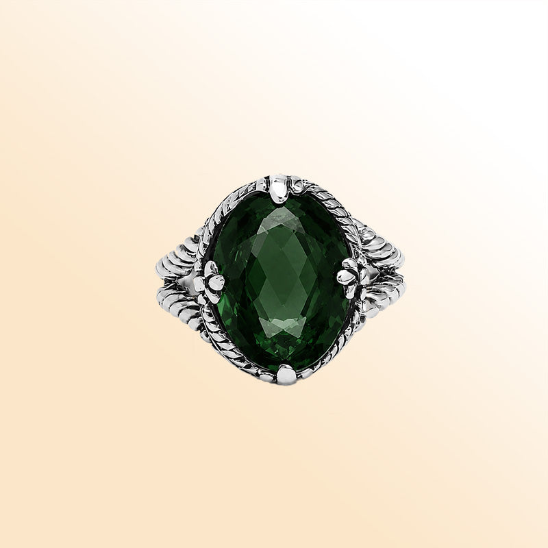 Vintage sterling silver Green Quartz oval-cut cocktail ring with handcrafted Balinese detailing