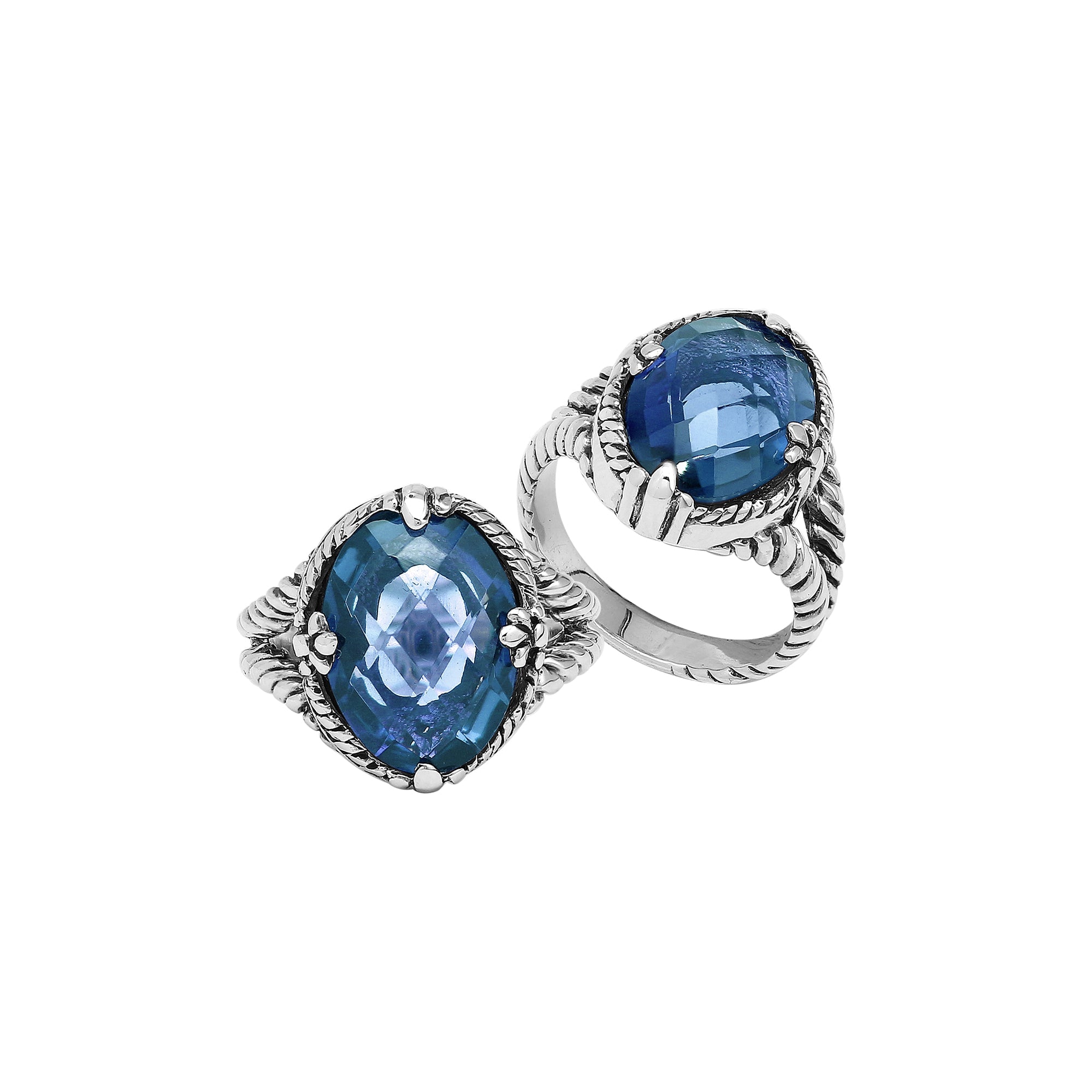 Handcrafted Sterling Silver London Blue Topaz Quartz Deep Ocean Rope Elegance Ring With Balinese Detailing.