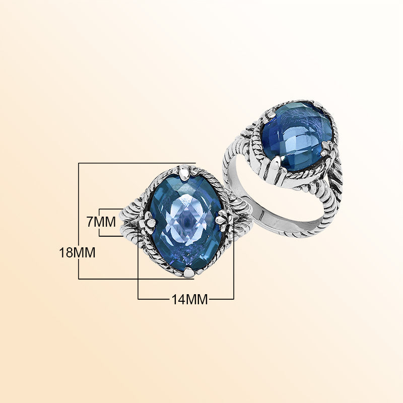Handcrafted Sterling Silver London Blue Topaz Quartz Deep Ocean Rope Elegance Ring With Balinese Detailing.