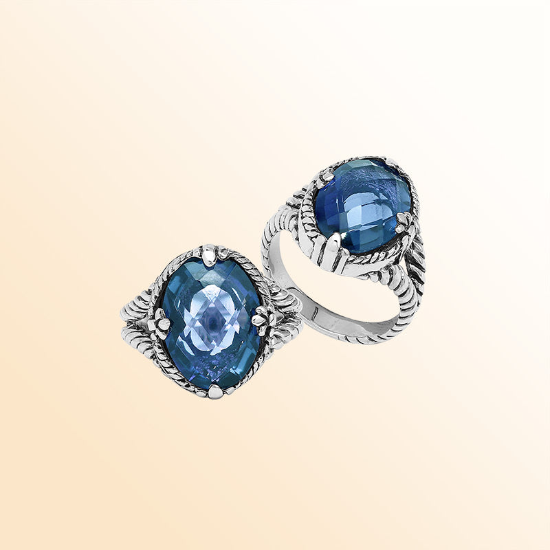 Handcrafted Sterling Silver London Blue Topaz Quartz Deep Ocean Rope Elegance Ring With Balinese Detailing.