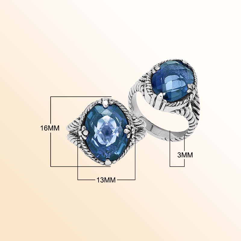Handcrafted Sterling Silver London Blue Topaz Quartz Deep Ocean Rope Elegance Ring With Balinese Detailing.
