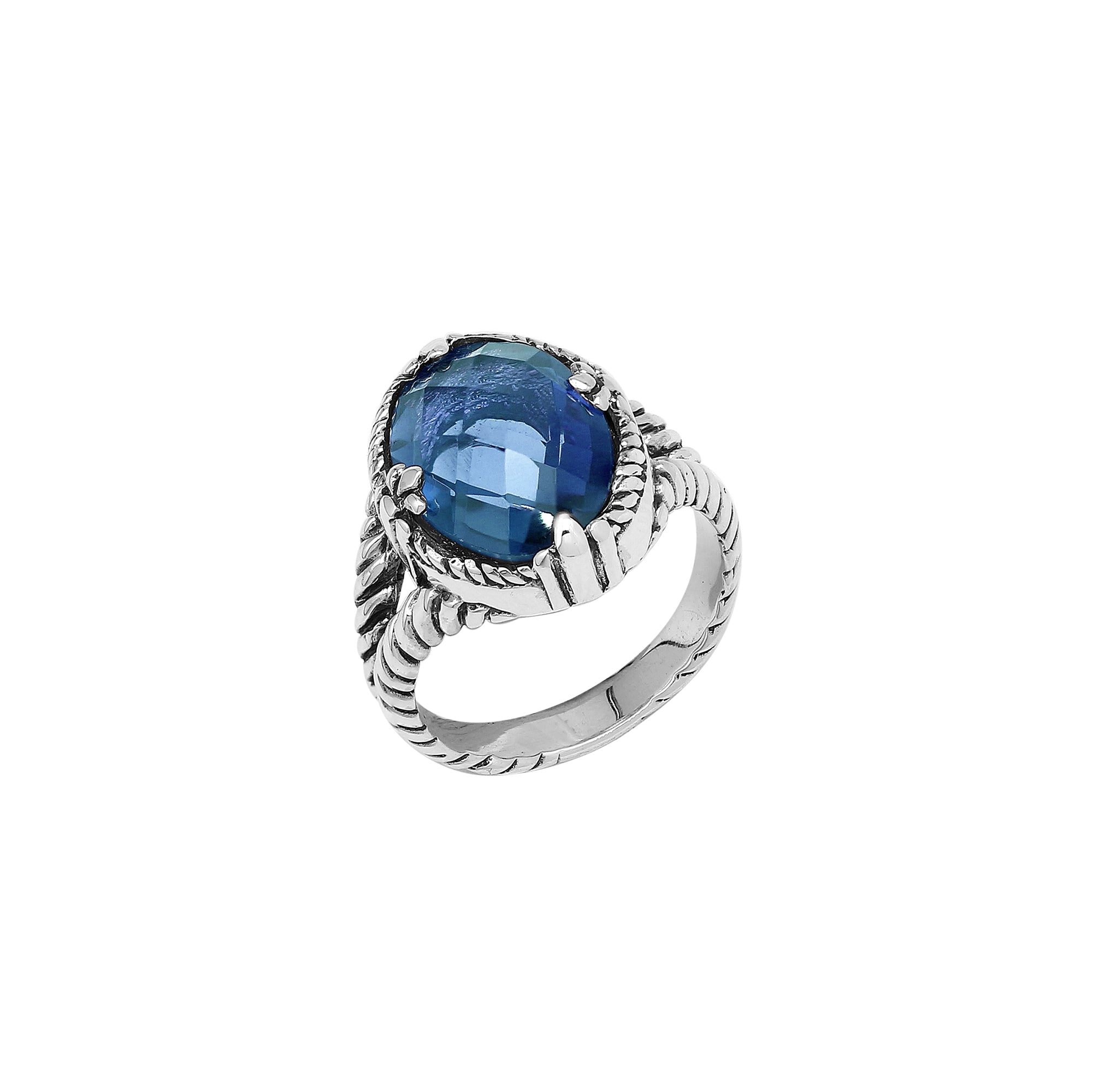 Handcrafted Sterling Silver London Blue Topaz Quartz Deep Ocean Rope Elegance Ring With Balinese Detailing.