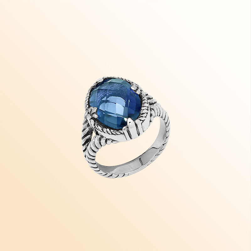 Handcrafted Sterling Silver London Blue Topaz Quartz Deep Ocean Rope Elegance Ring With Balinese Detailing.