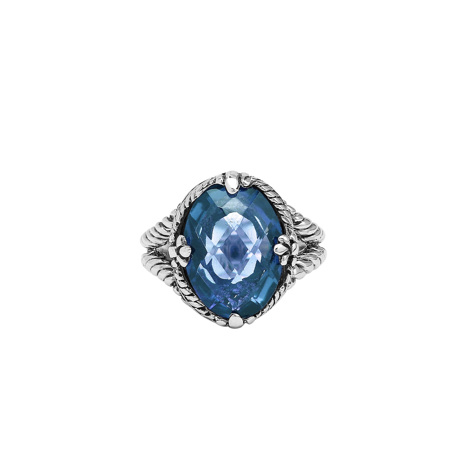 Handcrafted Sterling Silver London Blue Topaz Quartz Deep Ocean Rope Elegance Ring With Balinese Detailing.