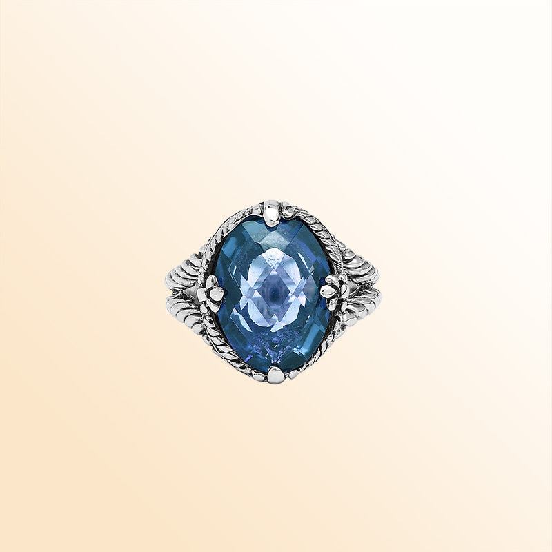 Handcrafted Sterling Silver London Blue Topaz Quartz Deep Ocean Rope Elegance Ring With Balinese Detailing.