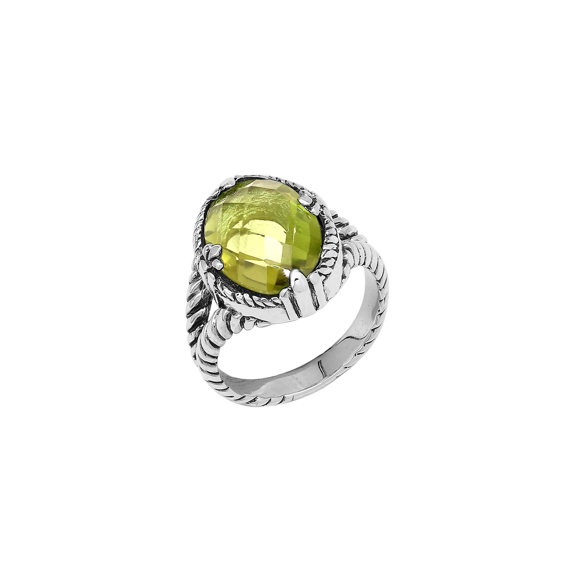 Handcrafted Sterling Silver Lemon Quartz Sunlight Rope Elegance Ring With Balinese Detailing.