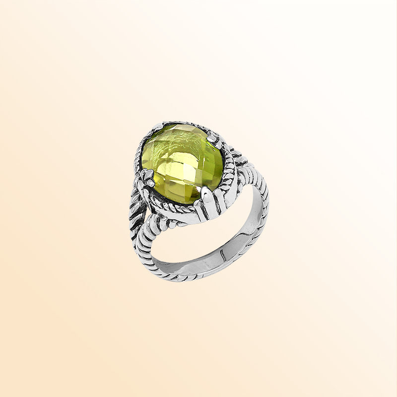 Handcrafted Sterling Silver Lemon Quartz Sunlight Rope Elegance Ring With Balinese Detailing.