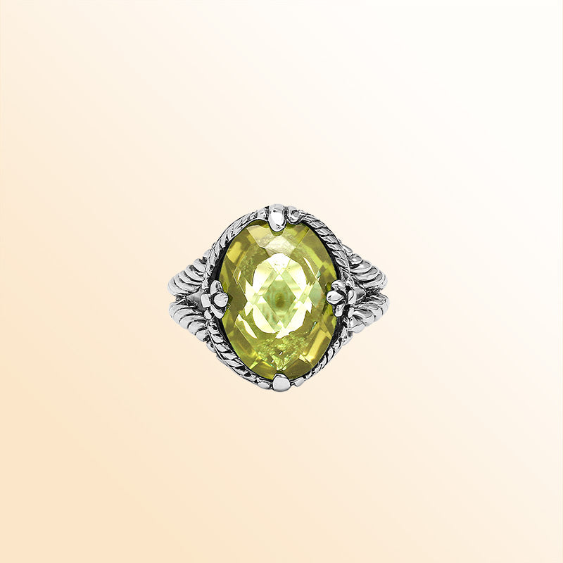 Handcrafted Sterling Silver Lemon Quartz Sunlight Rope Elegance Ring With Balinese Detailing.