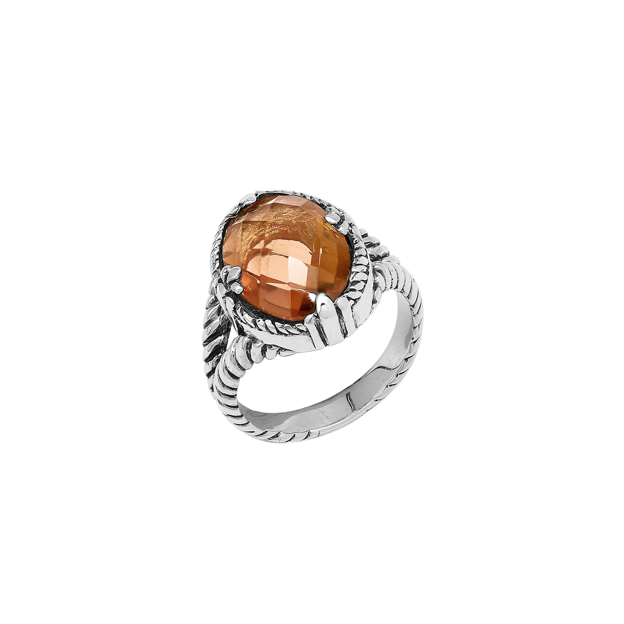 Handcrafted Sterling Silver Morganite Quartz Blush Glow Rope Elegance Ring With Balinese Detailing.