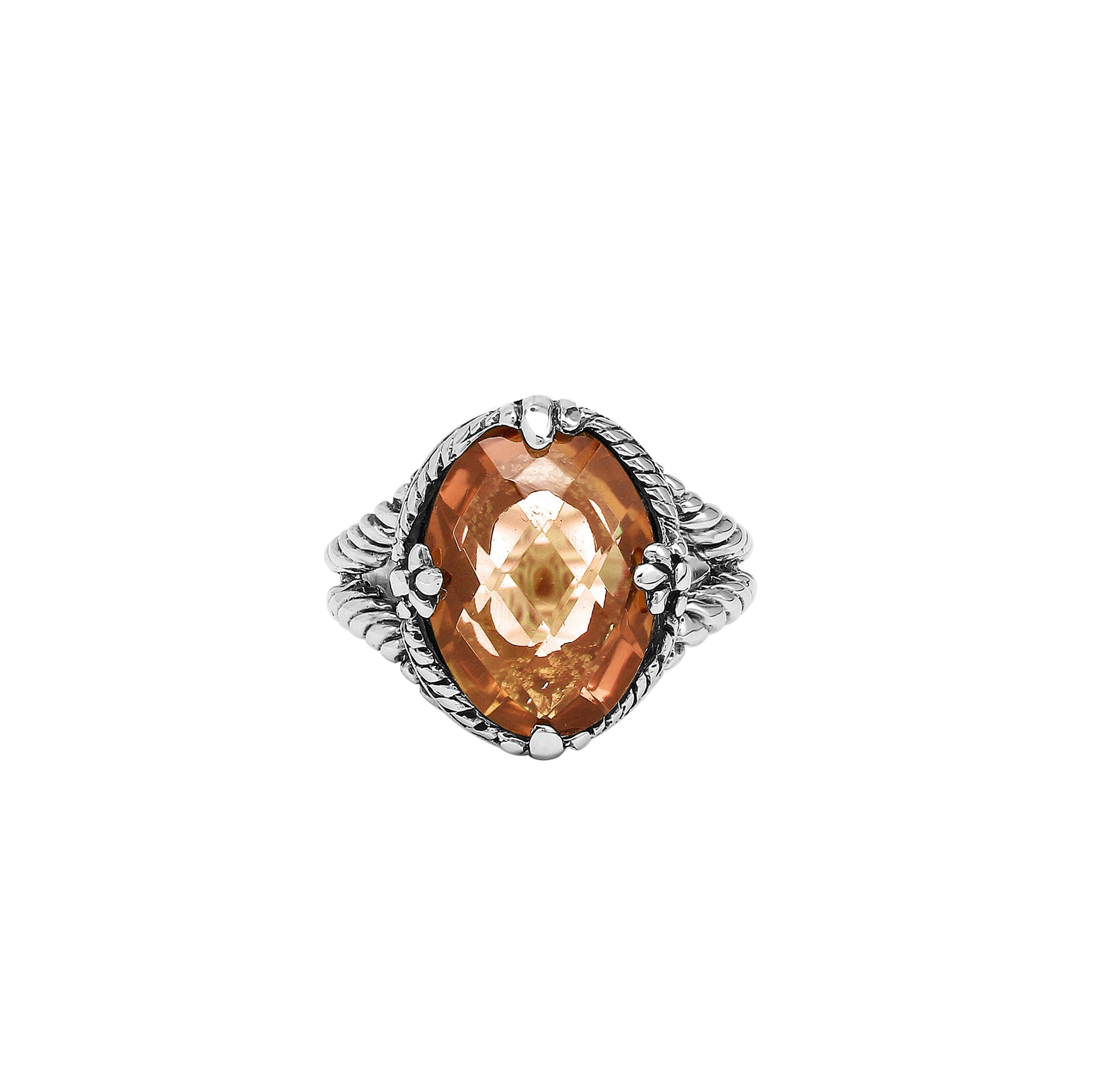 Handcrafted Sterling Silver Morganite Quartz Blush Glow Rope Elegance Ring With Balinese Detailing.