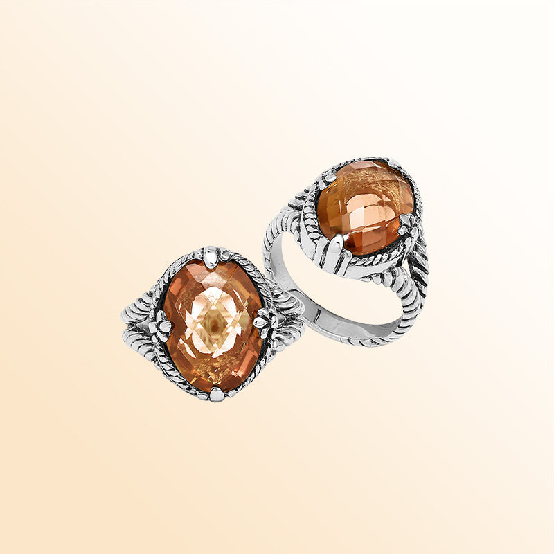 Handcrafted Sterling Silver Morganite Quartz Blush Glow Rope Elegance Ring With Balinese Detailing.
