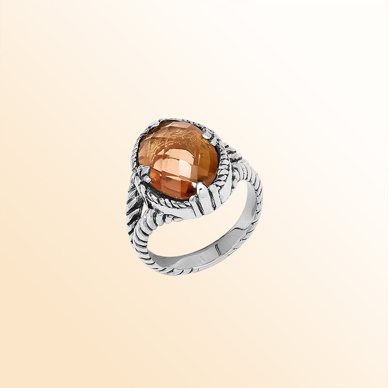 Handcrafted Sterling Silver Morganite Quartz Blush Glow Rope Elegance Ring With Balinese Detailing.