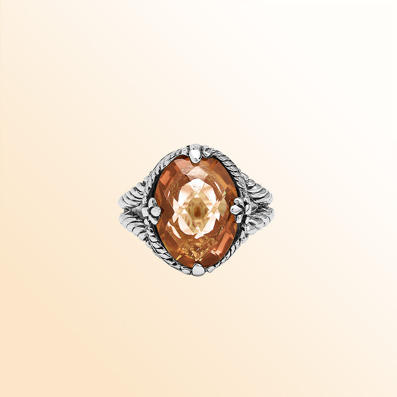 Handcrafted Sterling Silver Morganite Quartz Blush Glow Rope Elegance Ring With Balinese Detailing.