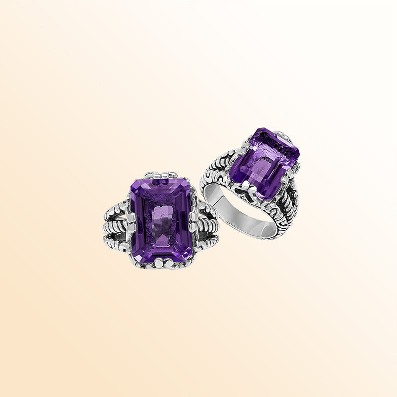 Handcrafted Sterling Silver Amethyst Quartz Regal Rope Elegance Ring With Balinese Detailing.