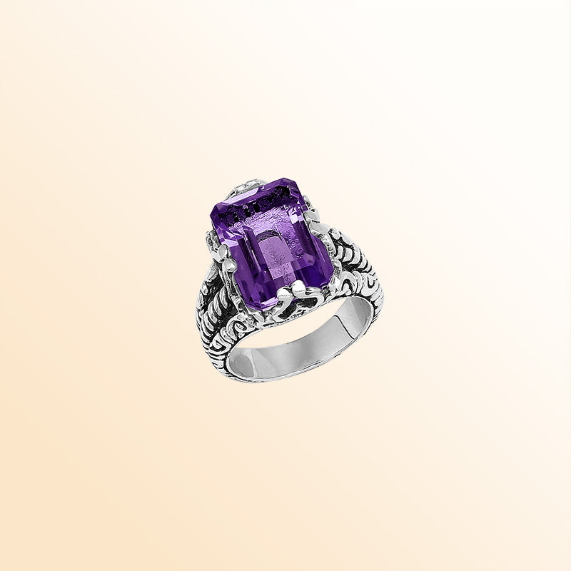 Handcrafted Sterling Silver Amethyst Quartz Regal Rope Elegance Ring With Balinese Detailing.