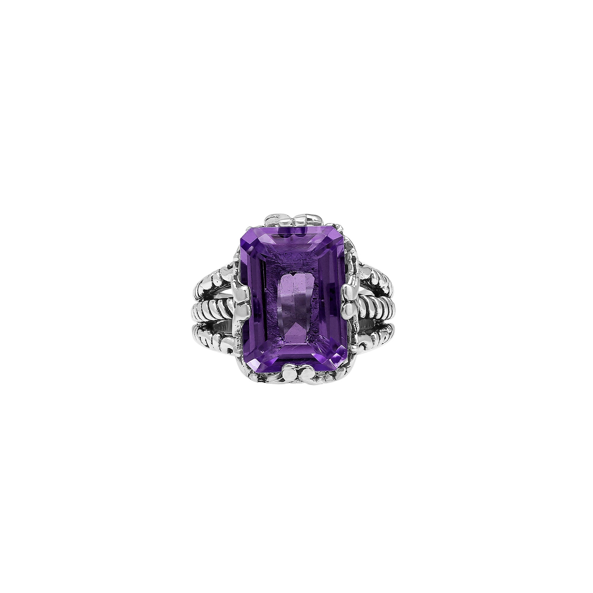 Handcrafted Sterling Silver Amethyst Quartz Regal Rope Elegance Ring With Balinese Detailing.