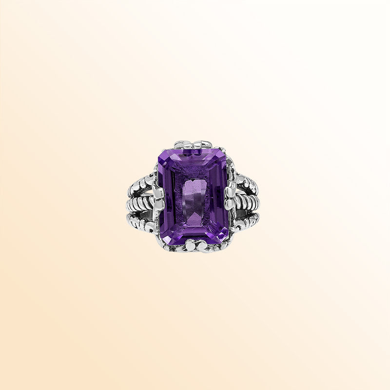 Handcrafted Sterling Silver Amethyst Quartz Regal Rope Elegance Ring With Balinese Detailing.
