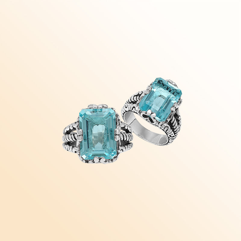 Handcrafted Sterling Silver Blue Topaz Quartz Ocean Radiance Rope Elegance Ring With Balinese Detailing.