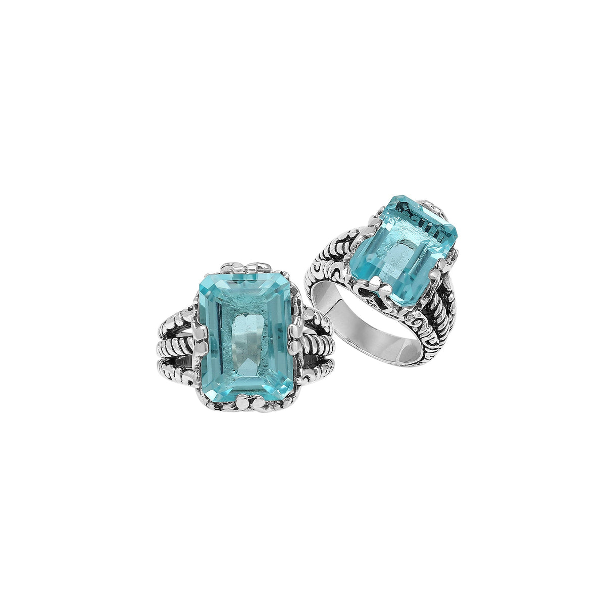 Handcrafted Sterling Silver Blue Topaz Quartz Ocean Radiance Rope Elegance Ring With Balinese Detailing.