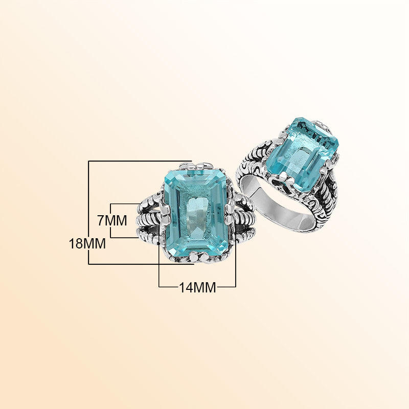 Handcrafted Sterling Silver Blue Topaz Quartz Ocean Radiance Rope Elegance Ring With Balinese Detailing.