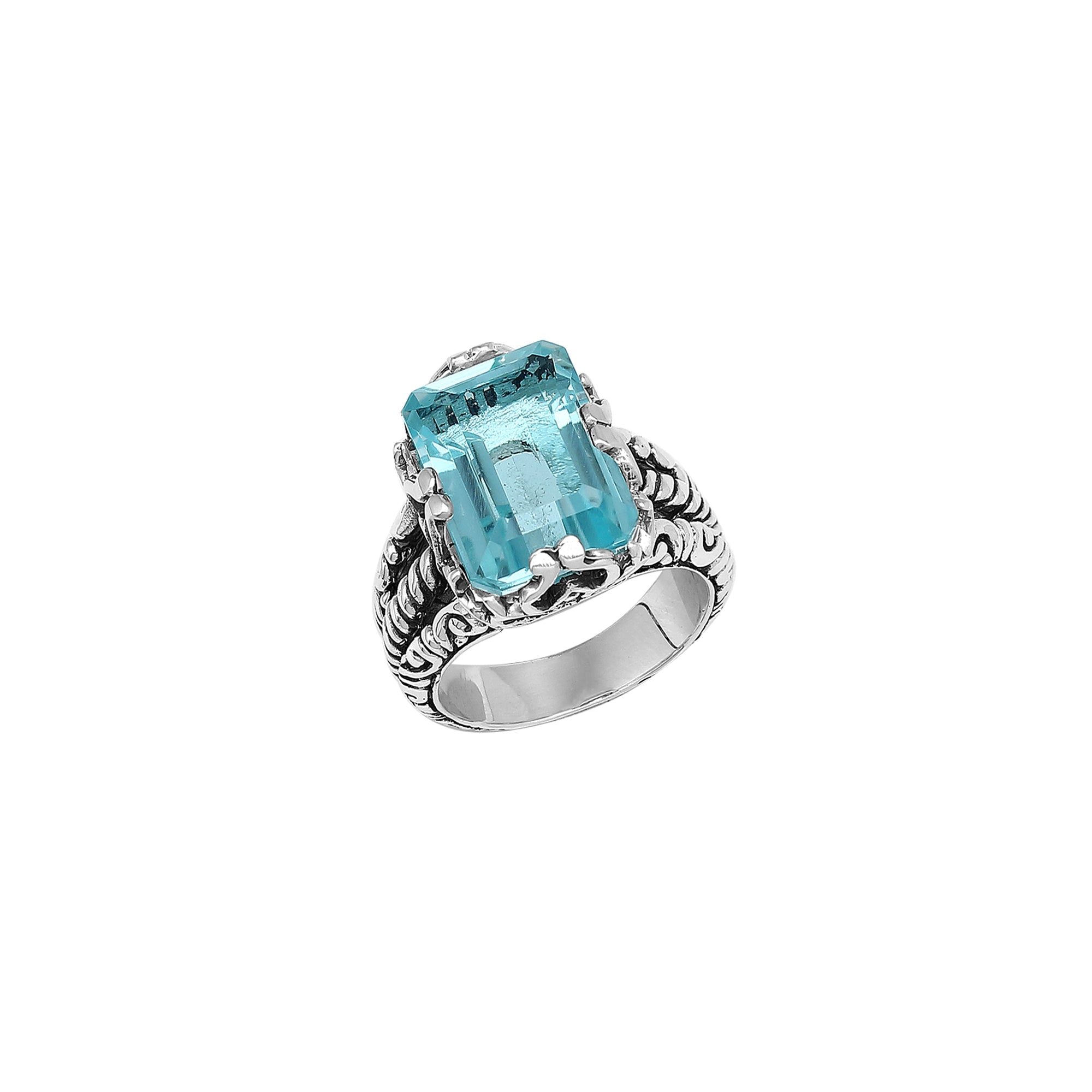 Handcrafted Sterling Silver Blue Topaz Quartz Ocean Radiance Rope Elegance Ring With Balinese Detailing.