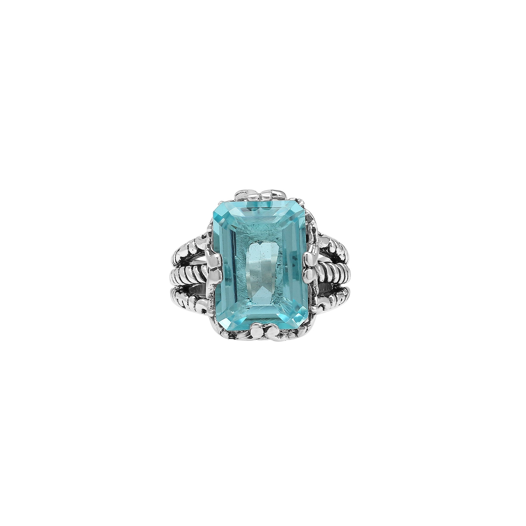 Handcrafted Sterling Silver Blue Topaz Quartz Ocean Radiance Rope Elegance Ring With Balinese Detailing.