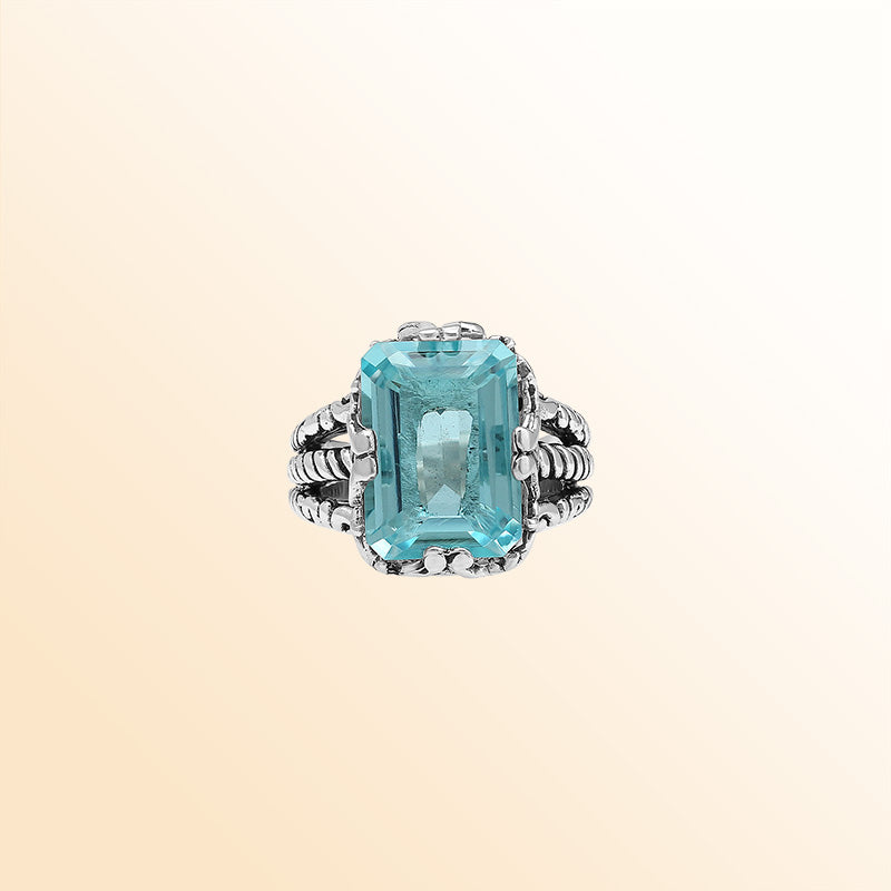 Handcrafted Sterling Silver Blue Topaz Quartz Ocean Radiance Rope Elegance Ring With Balinese Detailing.