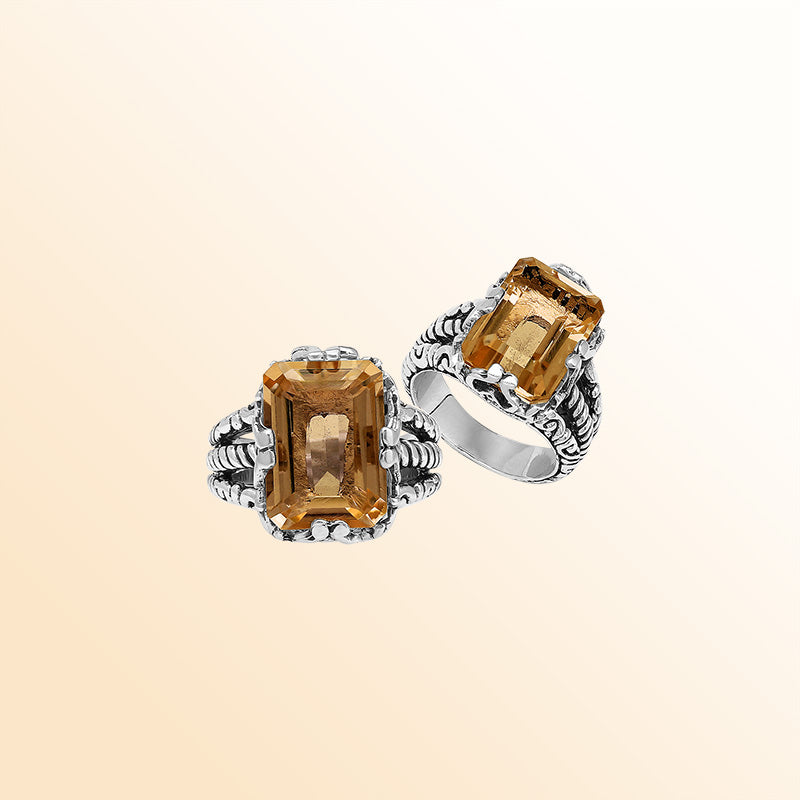Handcrafted Sterling Silver Citrine Quartz Golden Radiance Rope Elegance Ring With Balinese Detailing.