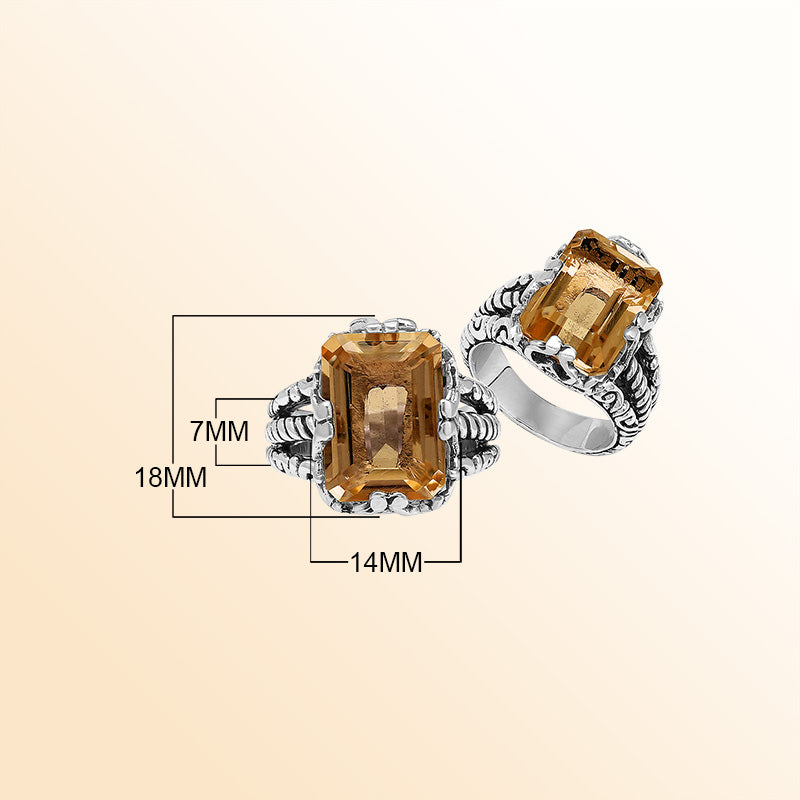 Handcrafted Sterling Silver Citrine Quartz Golden Radiance Rope Elegance Ring With Balinese Detailing.