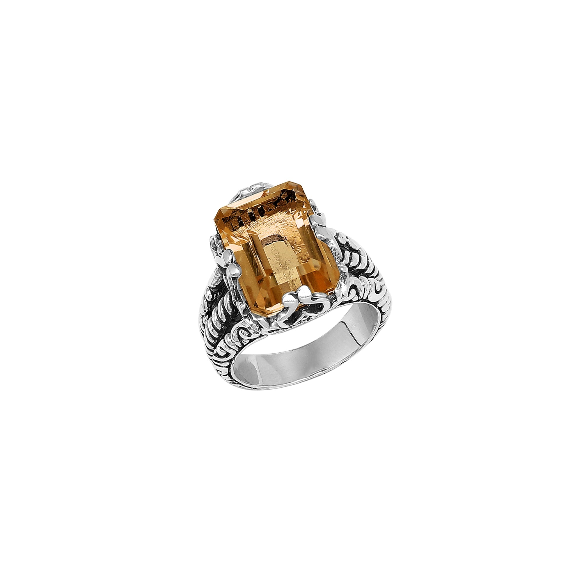 Handcrafted Sterling Silver Citrine Quartz Golden Radiance Rope Elegance Ring With Balinese Detailing.