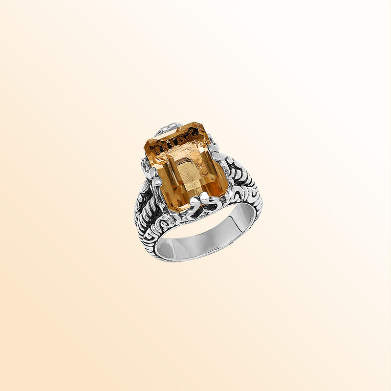 Handcrafted Sterling Silver Citrine Quartz Golden Radiance Rope Elegance Ring With Balinese Detailing.