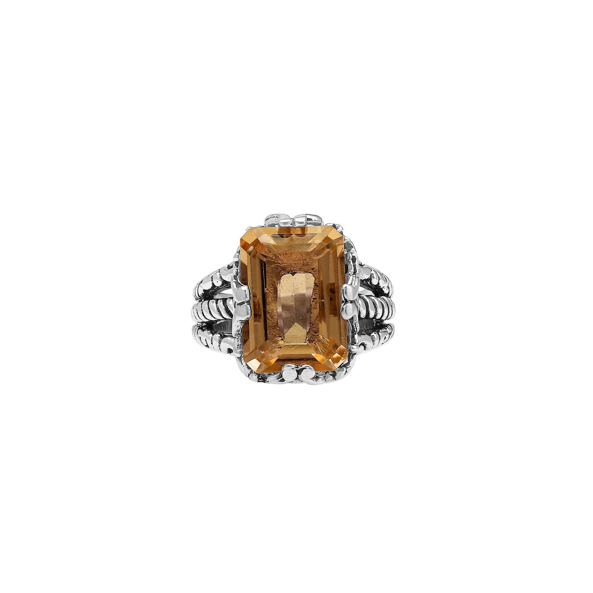 Handcrafted Sterling Silver Citrine Quartz Golden Radiance Rope Elegance Ring With Balinese Detailing.
