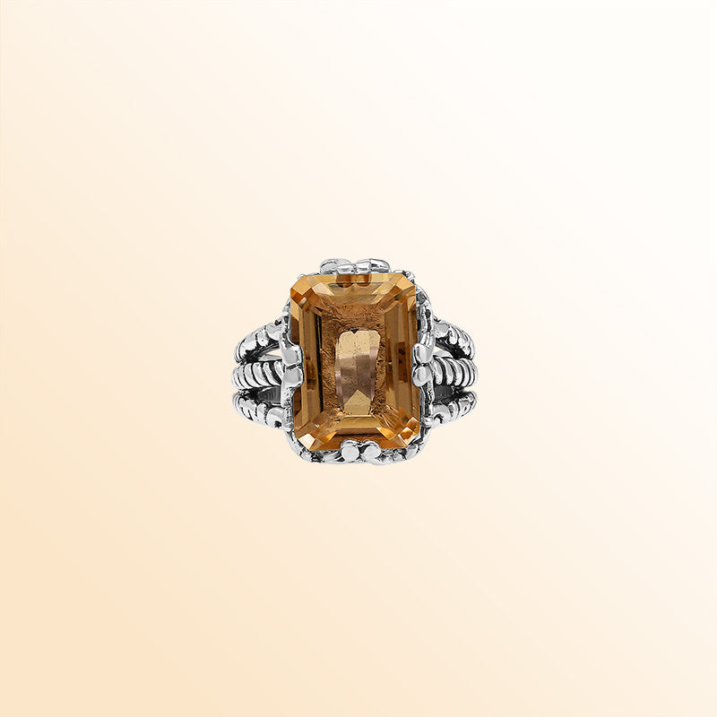 Handcrafted Sterling Silver Citrine Quartz Golden Radiance Rope Elegance Ring With Balinese Detailing.