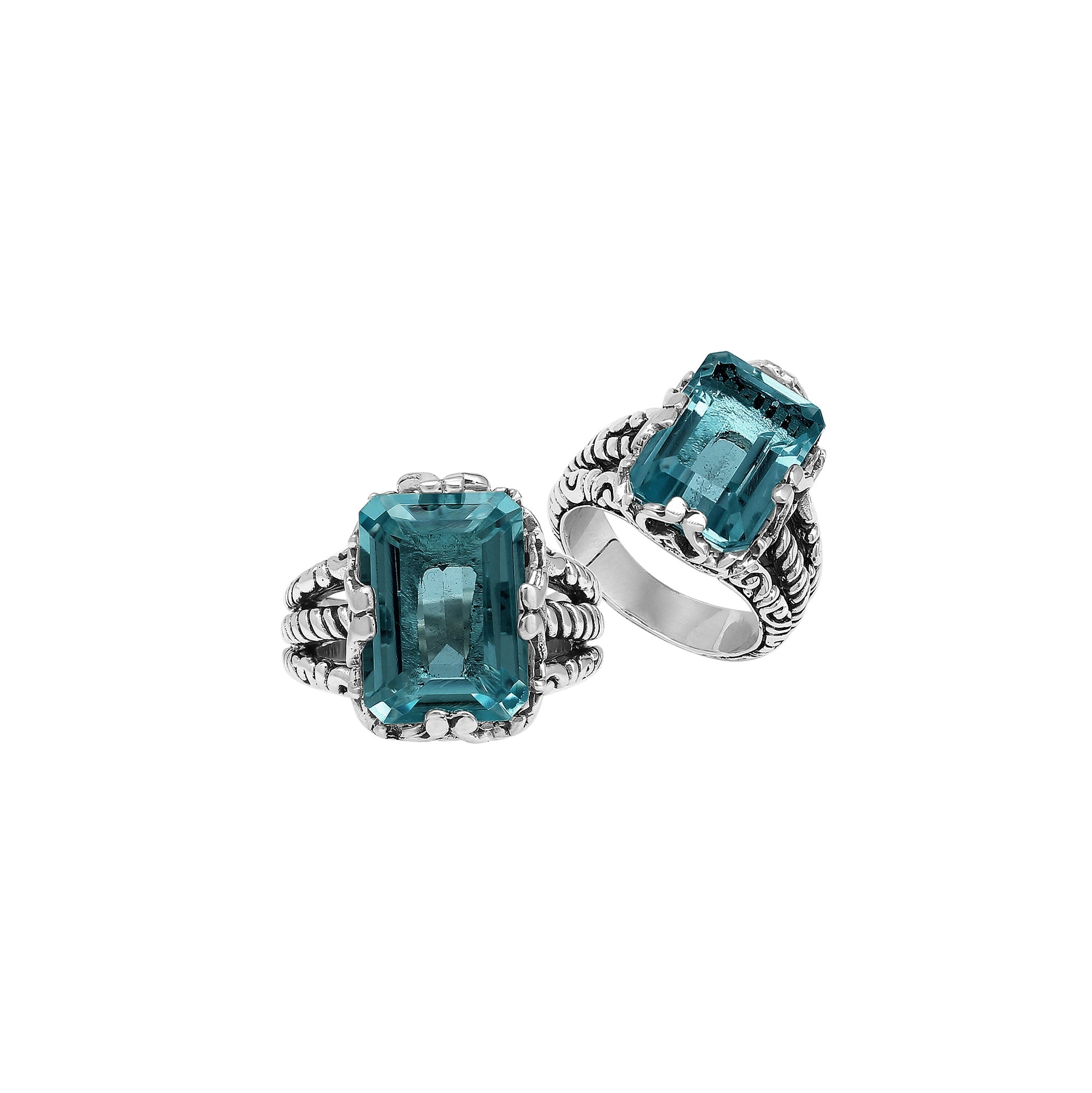 Handcrafted Sterling Silver London Blue Topaz Quartz Deep Sea Rope Elegance Ring With Balinese Detailing.
