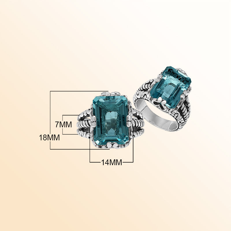 Handcrafted Sterling Silver London Blue Topaz Quartz Deep Sea Rope Elegance Ring With Balinese Detailing.