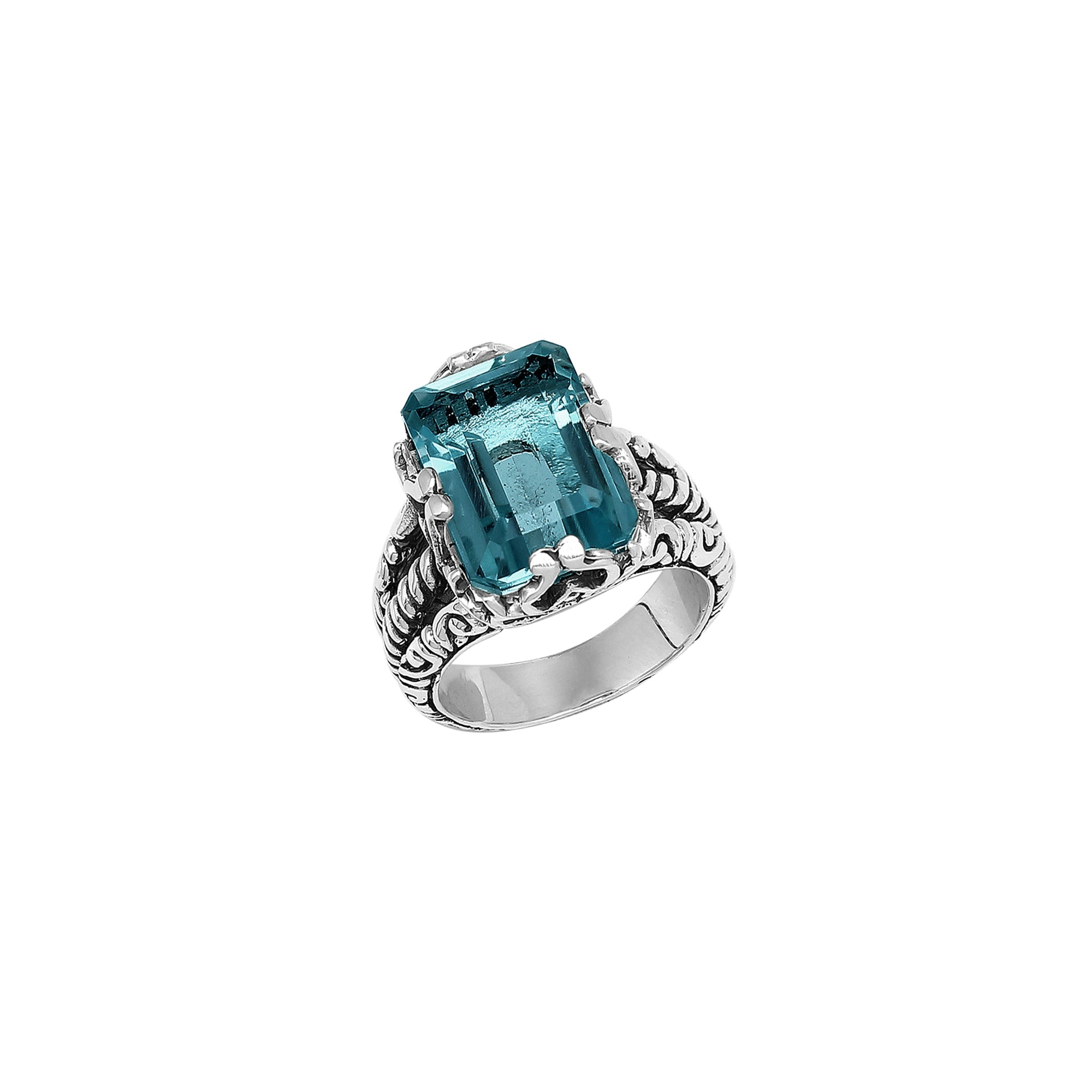 Handcrafted Sterling Silver London Blue Topaz Quartz Deep Sea Rope Elegance Ring With Balinese Detailing.