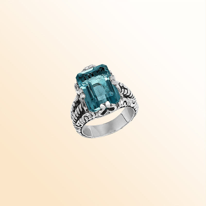 Handcrafted Sterling Silver London Blue Topaz Quartz Deep Sea Rope Elegance Ring With Balinese Detailing.